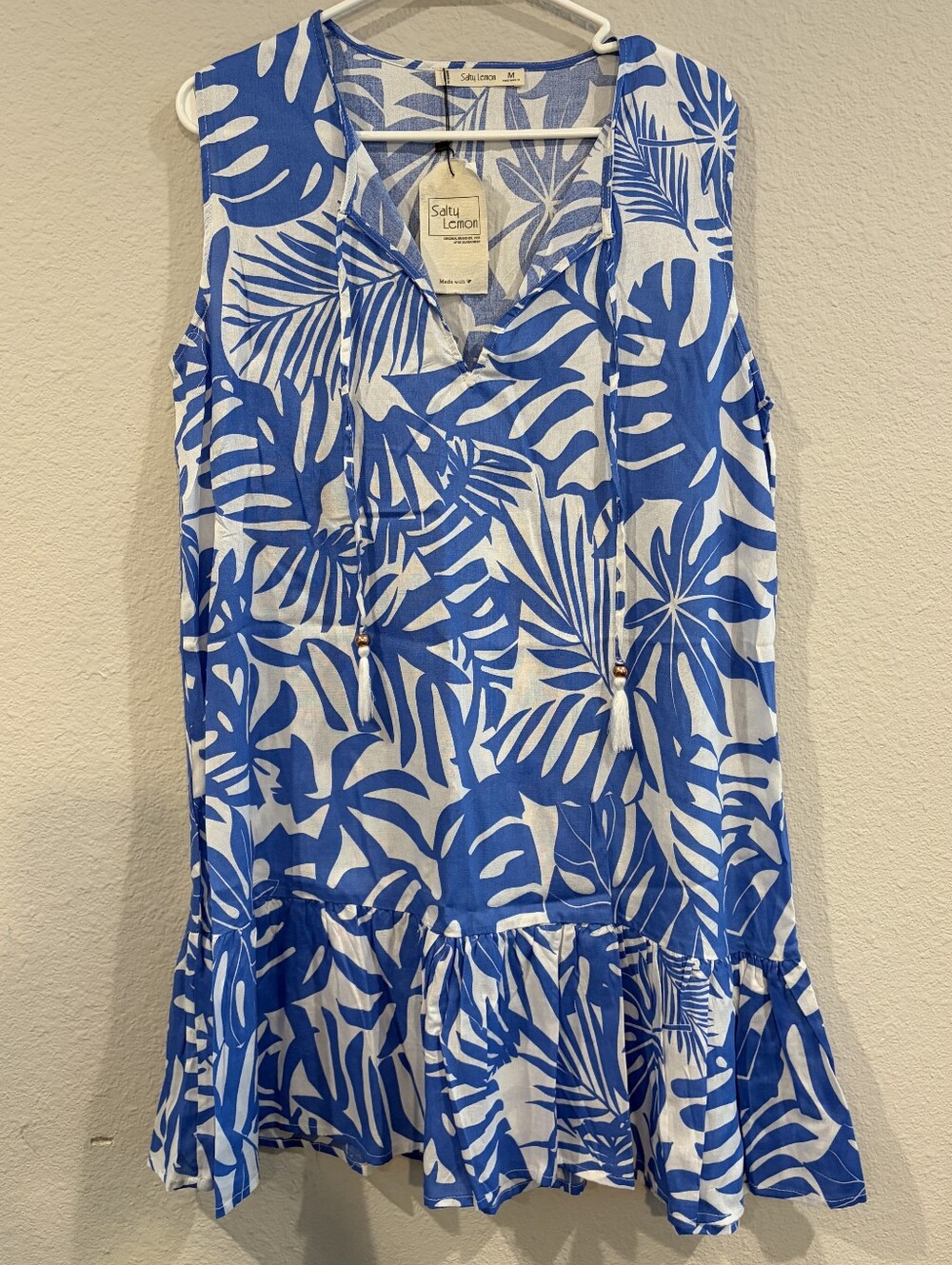 NEW Salty Lemon Womens Blue Cream Fern Palm Leaf Printed Sleeveless Mini Dress M